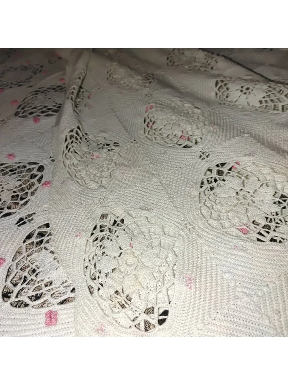 White Crochet King Bedspread Vintage Handmade Lattice Tassel Lace Floral Flower